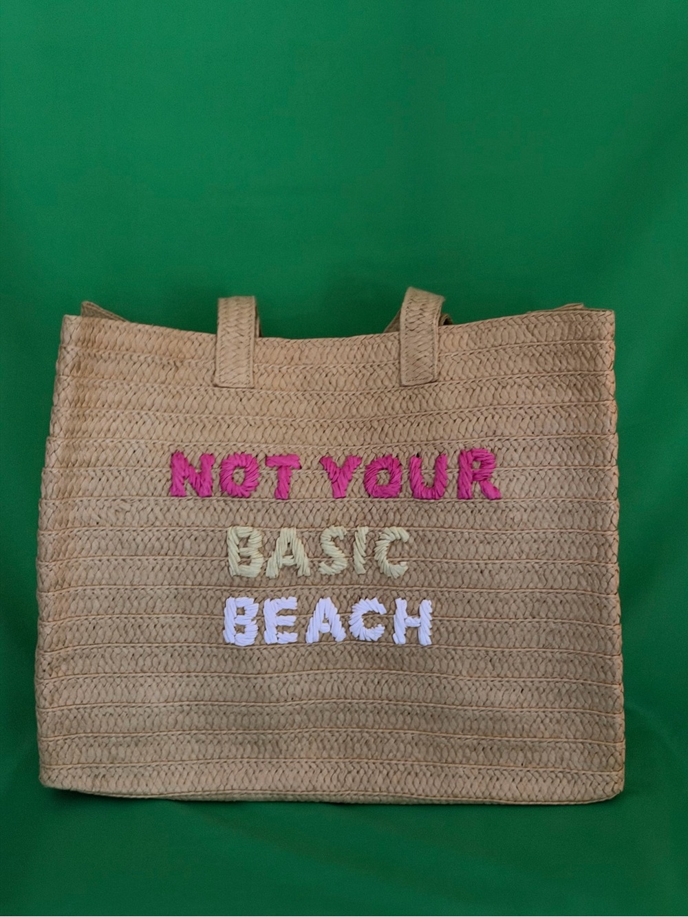 “Not Your Basic Beach" straw tote bag BTB Los Angeles